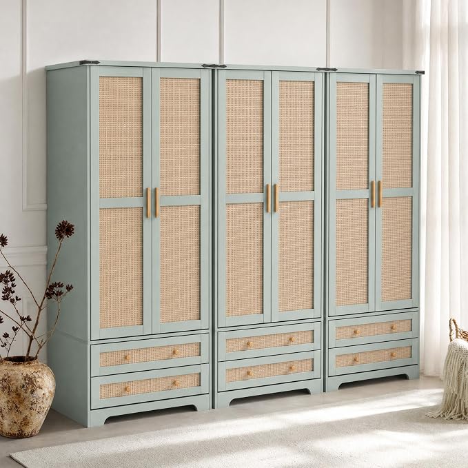 Brafab Armoire Wardrobe Closet with 2 Rattan Doors Set of 2, 71" Vintage Tall Freestanding Coat Closets with Drawers and Hanging Rail, Wooden Armoires Storage Cabinet with Shelf for Bedroom