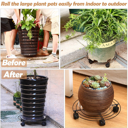 Planterhoma 3 Packs Large Metal Plant Caddy 13 Inches Plant Dolly with Wheels Heavy-duty Iron Rolling Plant Stand with Casters for Indoor Outdoor Flower Pot Mover Rollers Black Wheeled Plant Colaster
