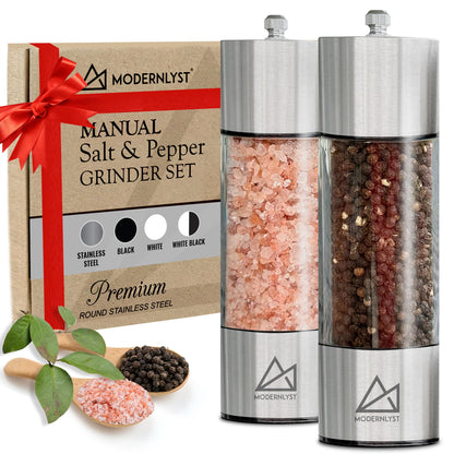 MODERNLYST Salt and Pepper Grinder Set Manual 2 Pack | Large Round Salt and Pepper Shakers Set | 7.5 inch Stainless Steel Salt Grinder Refillable | Manual Pepper Grinder (Stainless Steel)