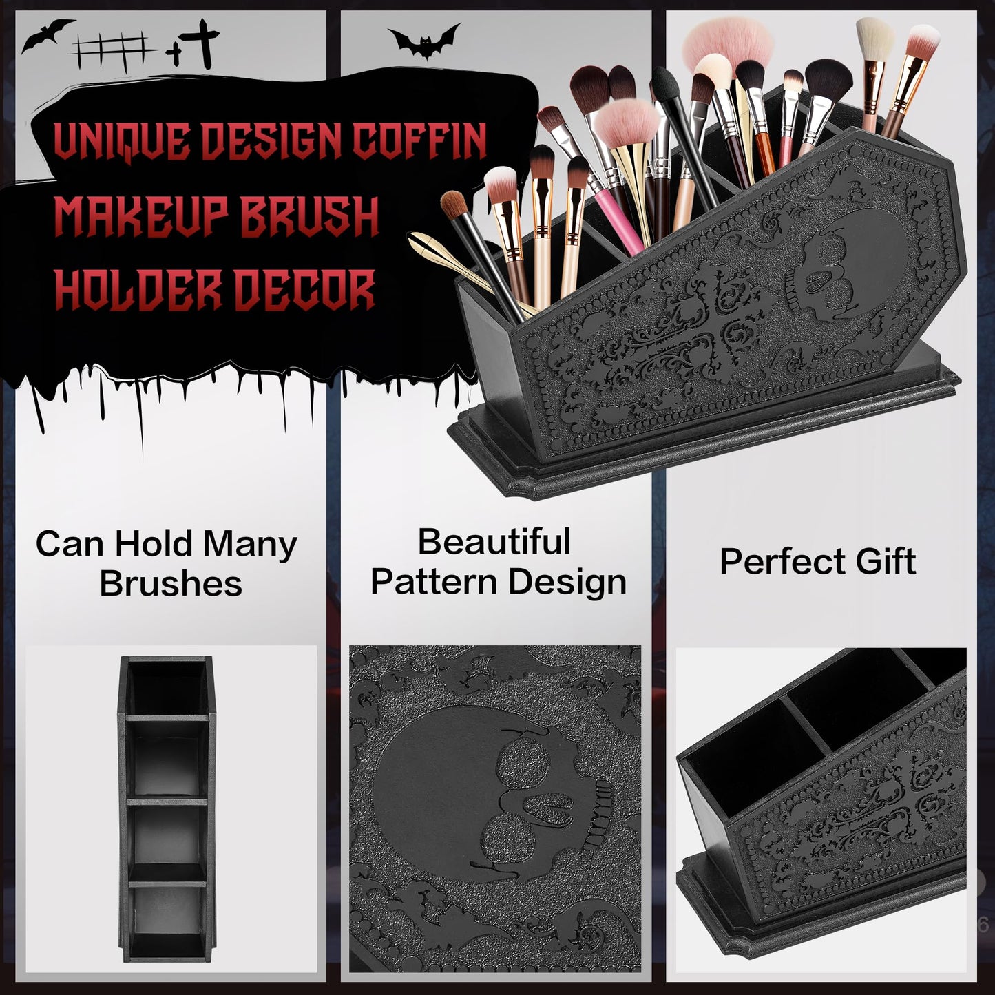 Gothic Coffin Decor Makeup Brush Holder,Spooky Witchy Gifts for Women,Skull Cosmetic Display Cases,Goth Decor Pen Holder, Vanity, Desk, Office Organizer for Christmas Bedroom Bathroom (Black)