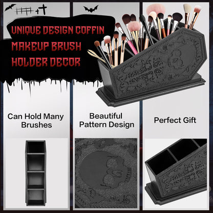 Gothic Coffin Decor Makeup Brush Holder,Spooky Witchy Gifts for Women,Skull Cosmetic Display Cases,Goth Decor Pen Holder, Vanity, Desk, Office Organizer for Christmas Bedroom Bathroom (Black)
