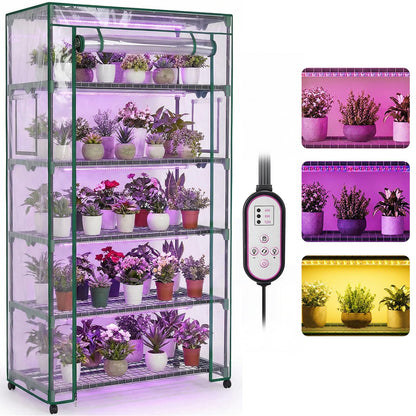 Indoor Greenhouse with Grow Lights & Wheels, 5 Tier Wire Shelf PVC Tent Portable Mini Green House Cabinet Kit for Plant Seed Starting Mushroom Grow (Upgraded)