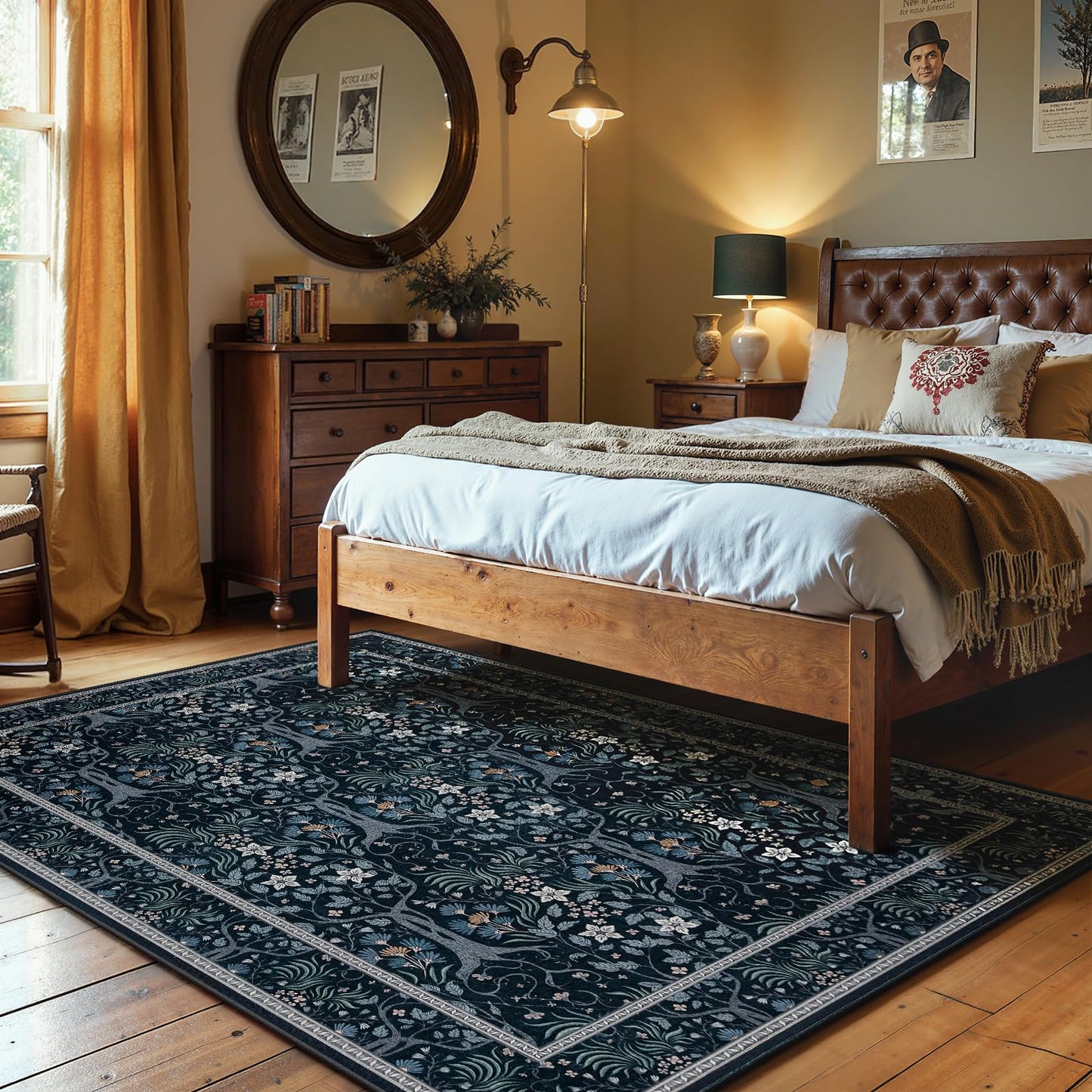 Joydeco Machine Washable Area Rugs 5x7, Boho Floral Rug for Bedroom Non Slip, Soft Forest Botanical Low-Pile Floor Indoor Throw Carpet for Living Dining Room Dorm Office, Black