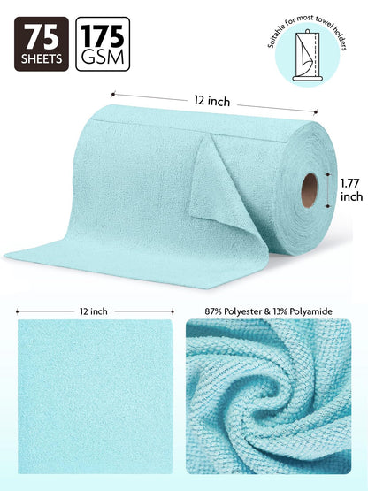 Fantasticlean Microfiber Cleaning Cloth Roll -75 Pack, Tear Away Microfiber Towels, 12" x 12", Reusable, Washable, Scratch Free, Ultra Absorbent Dishcloth for All-Around Cleaning Supplies (Blue)