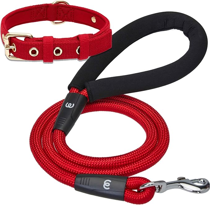 Blueberry Pet Classic Red Dog Leash & Collar Set, Puppy Essentials, Medium Size, 4 ft Rope Leash, Neoprene Padded, Gentle Leader for Dogs, Heavy Duty Dog Leashes for Large Dogs