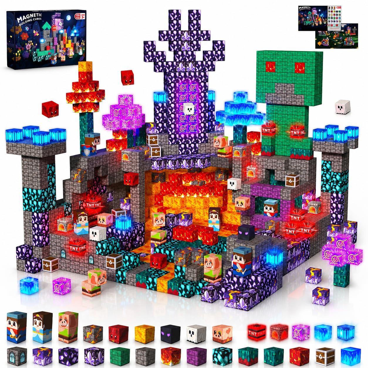 Magnetic Blocks with Light up Blocks -150PCS Magnetic Blocks for Kids Ages 4 5 6 7 8+, Magnetic Building Blocks Cubes, STEM Learning Toy for Kids, Easter Birthday Gift for 3-8 Year Old Boys Girls