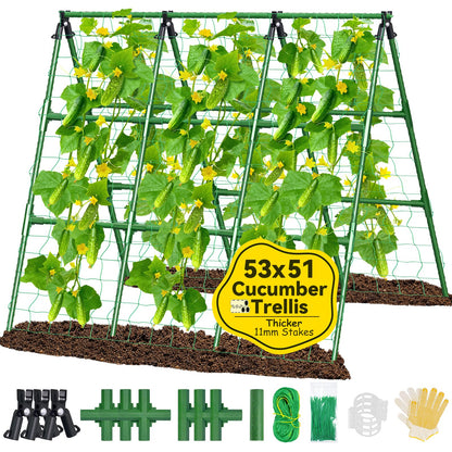 Sunwinx 53x51 Inch Cucumber Trellis for Raised Bed, Adjustable A-Frame Garden Trellis for Climbing Plants Outdoor with Climbing Net, Meal Plant Trellis for Vegetables Pea Bean Tomato Grape Squash