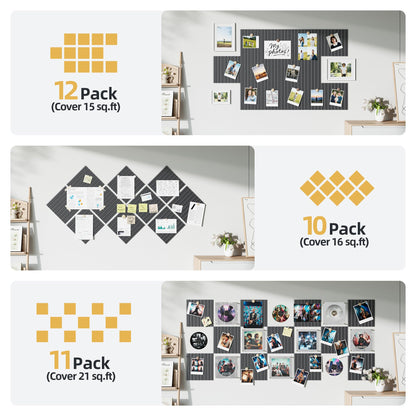 Large Cork Board for Wall 36" x 48" Black Bulletin Board with Safe Removable Adhesive Squares for Pictures Photos, Alternative CorkBoard Felt Pin Boards Tiles for Office Classroom Wall Decor-12 Pack