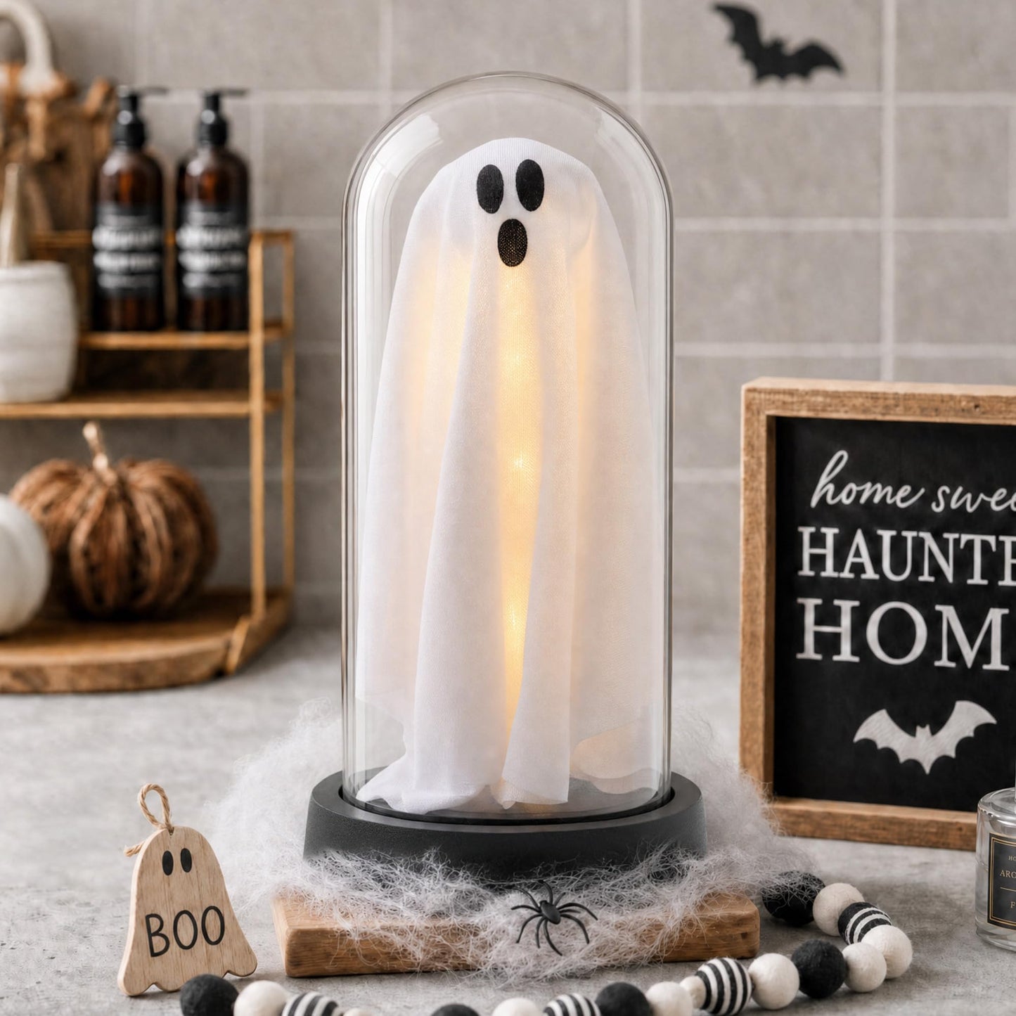 Halloween Decor-Halloween Decorations Indoor-Light Up Ghost in Glass Cloche-Cute Ghost with Light for Home Kitchen Mantel Tabletop Party Decor and Holiday Decorations