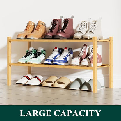Smiry Bamboo Shoe Rack, 2 Tier Free Standing Wooden Shoe Organizer, Stackable Wood Shoe Storage Shelf for Closet, Entryway, 12 Vertical Slats, One-piece Standard Legs, 26.8"x11"x13", Natural
