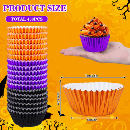 Whaline 450Pcs Halloween Foil Cupcake Liners Black Purple Orange Baking Cups Foil Metallic Cupcake Wrappers Muffin Liners for Holiday Party Supplies