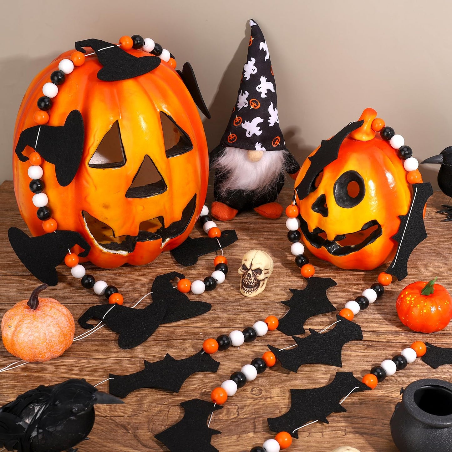 XEFINAL 2 PCS Halloween Felt Bats Witch and Wood Beads Garland Halloween for Mantle Garland Banner Decor Indoor Outdoor Haunted House Decoration