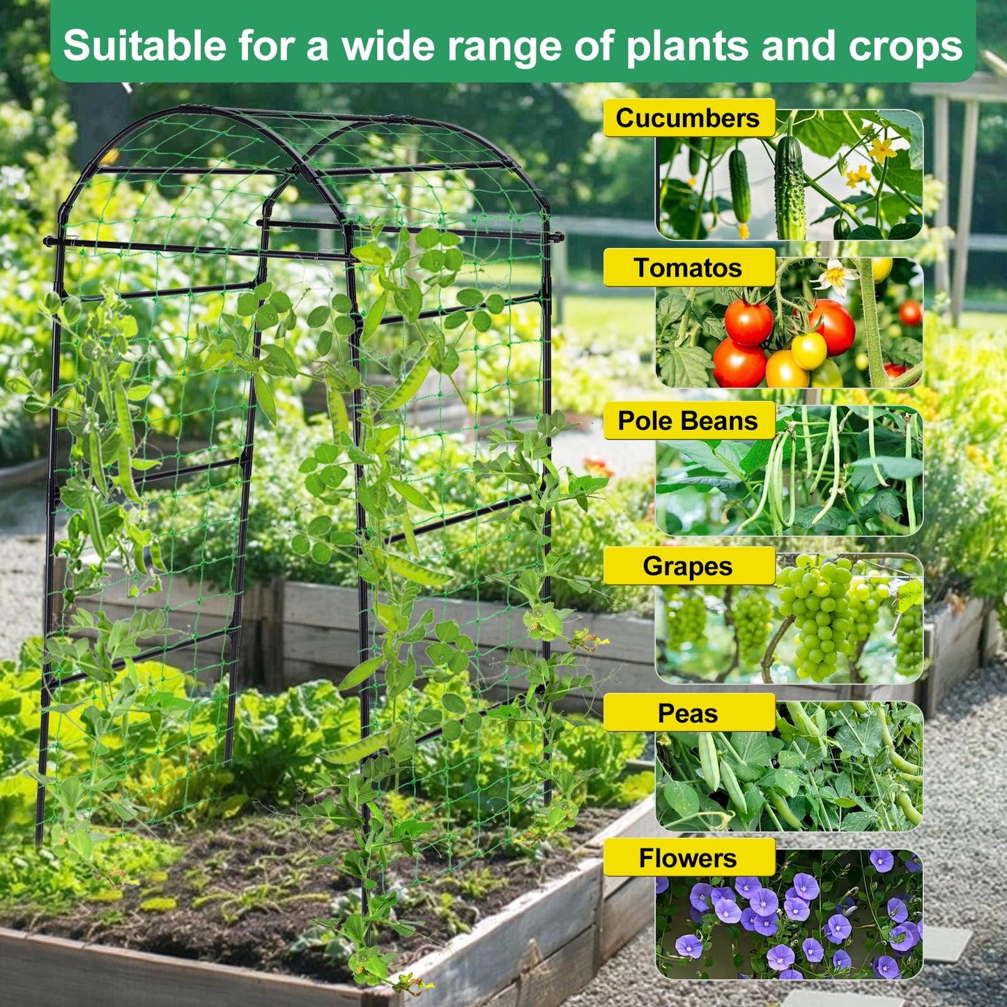 Yotoworth Garden Arch Cucumber Trellis for Climbing Plants Outdoor, 6.7ft Tall Archway Arbor Plant Support Grape Vine Tomato Pea Bean Trellis for Raised Bed Backyard, Black
