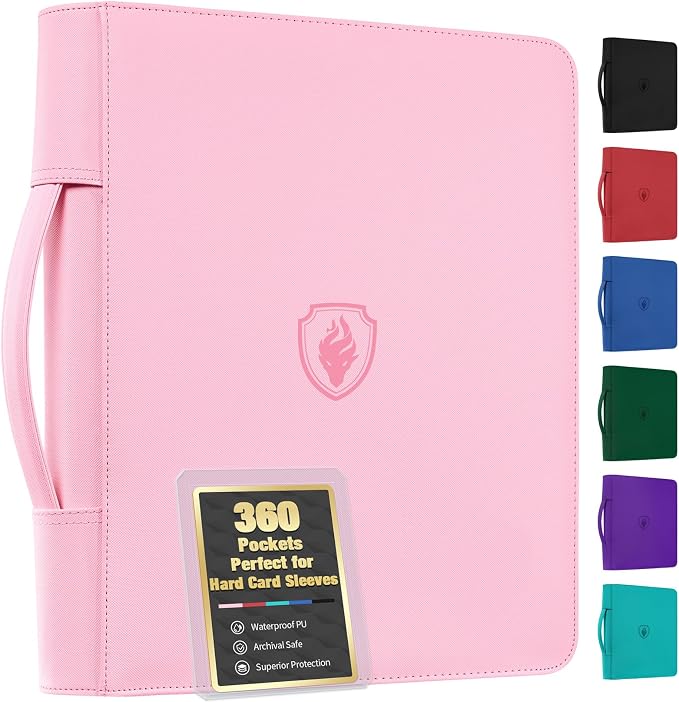 Fabmaker Top Load Binder Holds 360 Cards, Portable Card Binder with Retractable Handle, Side Loading Trading Card Storage for 3" x 4" Hard Card Sleeves, Collectible Case for Games, Sports Cards, Pink