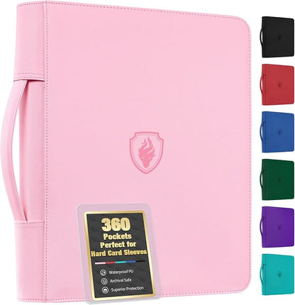 Fabmaker Top Load Binder Holds 360 Cards, Portable Card Binder with Retractable Handle, Side Loading Trading Card Storage for 3" x 4" Hard Card Sleeves, Collectible Case for Games, Sports Cards, Pink