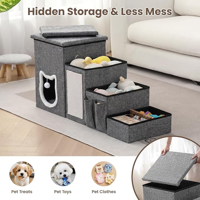 Pet Steps for Small Dogs, 4-Step Non-Slip Pet Stairs for Cats, Dog Stairs with Storage,Cat Stairs for Bed with Condo Cat Scratcher, Arthritis-Friendly, Grey