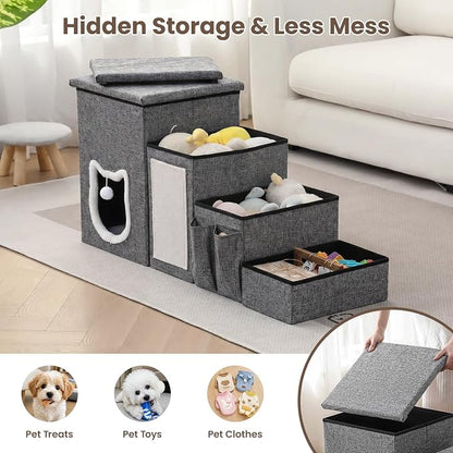 Pet Steps for Small Dogs, 4-Step Non-Slip Pet Stairs for Cats, Dog Stairs with Storage,Cat Stairs for Bed with Condo Cat Scratcher, Arthritis-Friendly, Grey