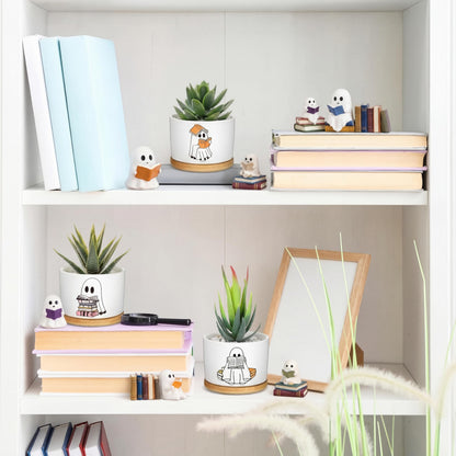 Mimorou 3 Pcs Book Lover Gifts, Cute Ghost Reading Succulent Planters with Bamboo Trays, Small Ceramic Plant Pots for Indoor Plants, Bookish Gifts for Readers, Teachers, Book Lover Desk Decor