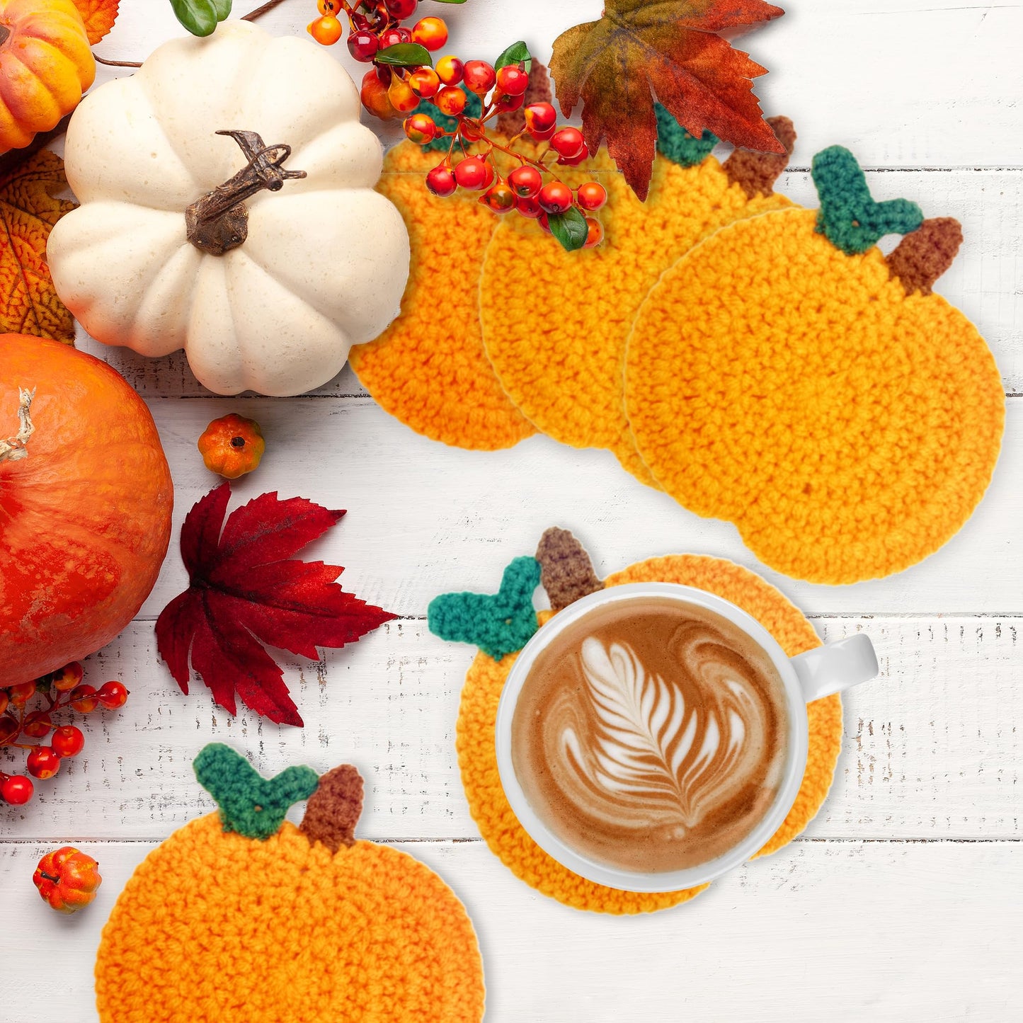 Fall Pumpkin Crochet Coaster 4 Pack, Fall Pumpkin Decor Handmade Knitted Drink Coaster Set, Autumn Decoration Drink Cup Pad Mats for Table Protection, Thanksgiving Home Kitchen Party Table Decor