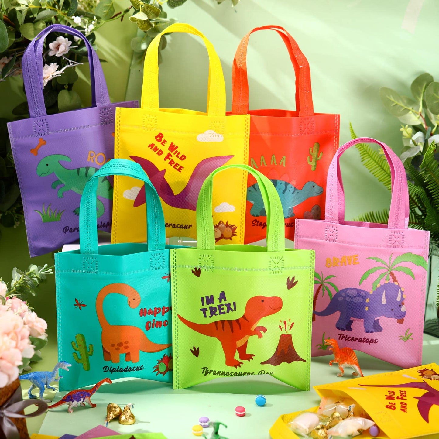 Tallew 24 Pieces Dinosaur Party Favor Bags Dinosaur Birthday Party Supplies Dino Goodie Treat Candy Gift Bags Non Woven with Handles Reusable for Birthday Decorations