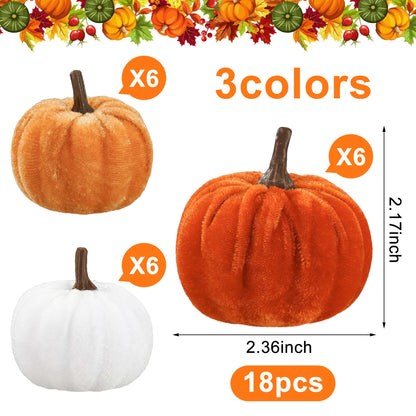 18 Pcs Fall Artificial Velvet Pumpkins Fake Fabric Pumpkin Faux Foam Pumpkins Orange Yellow White Artificial Pumpkin Decorations for Fall Harvest Thanksgiving Halloween Farmhouse Table Centerpiece