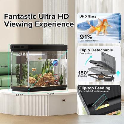 Vehipa Fish Tank 2.4 Gallon Aquarium with Heater, 3-in-1 Silent Pump with Filteration & Oxygenation & Circulation, 7-Color Timer Cycle Light, Temperature Display, Humidifier, HD Glass Fish Bowl