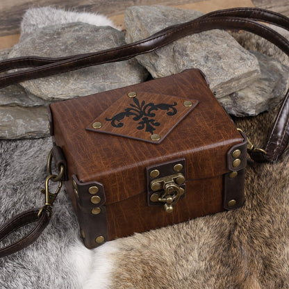 HiiFeuer Medieval Faux Leather Alchemy Box with 12 Cork Potion Vials, Fantasy Portable Crossbody Bag Jewelry Dnd Dice Holder (Brown A)
