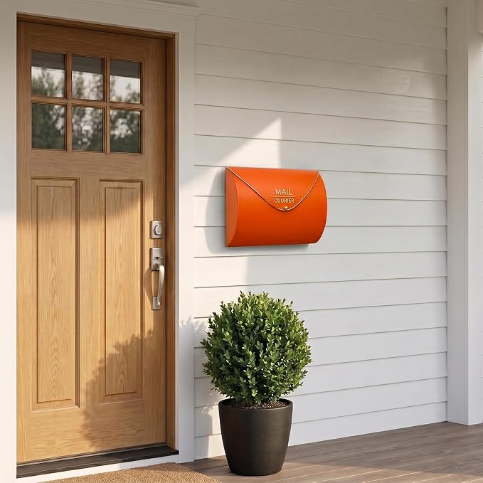Orange Wall Mount Mailbox for Outside,Waterproof Metal Mailboxes with Rust-Proof Galvanized Steel,Large Capacity Envelope Mailbox for House,12.99 x 10.35 x 3.5 Inch