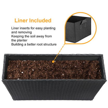 SUNNYPARK Black Rectangular Planter Box All-Weather PE Rattan Large Modern Planters with Removable Liner Indoor Outdoor Decorative Flower Pot for Patio, Balcony, Garden