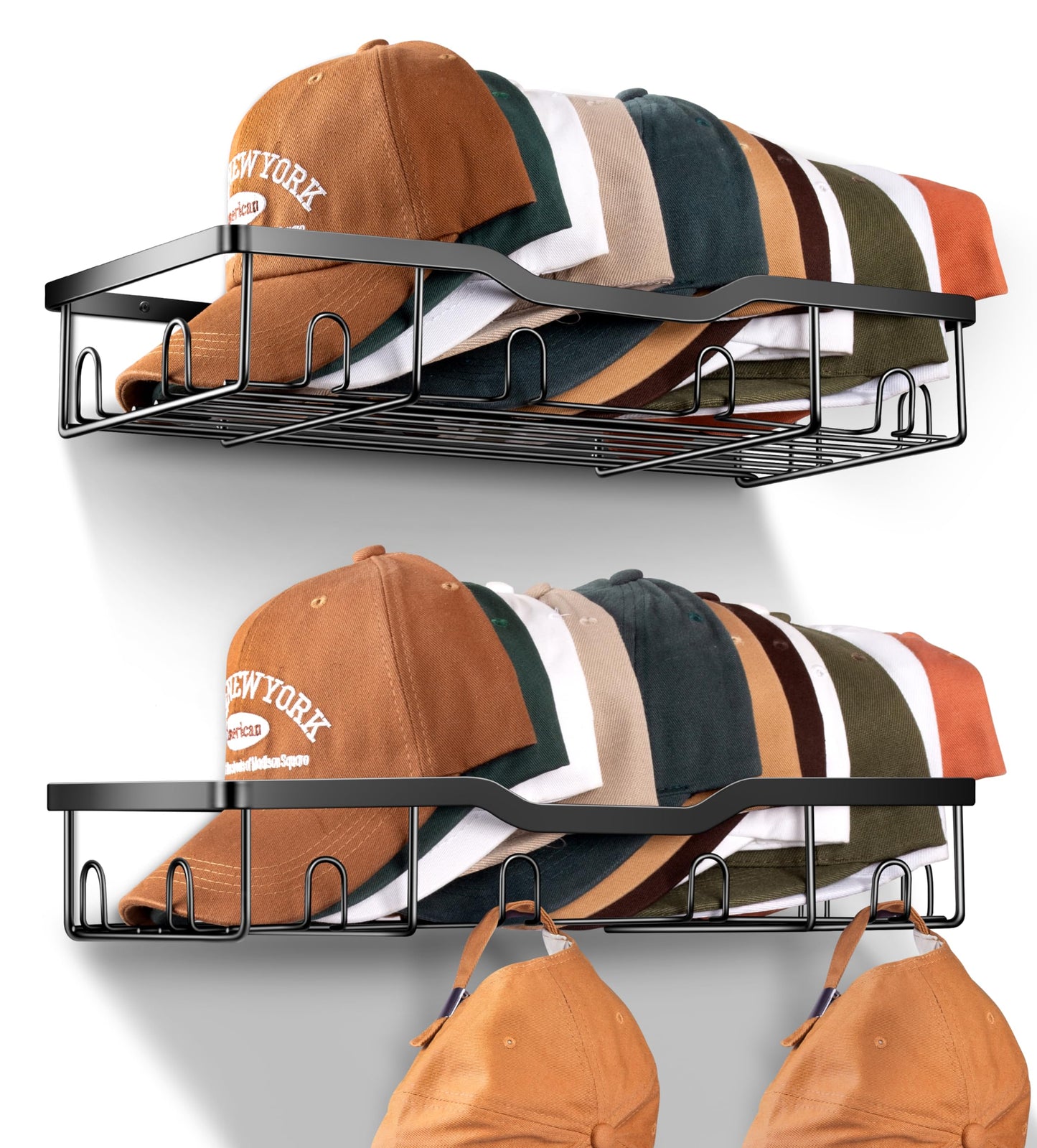 KEETDY Metal Hat Racks for Baseball Caps Wall Hat Organizer Fit 48 Caps Holder, 2 Packs Sturdy Wall Mounted Hat Storage Organizer, Black, Patent: US D1,041,201 S