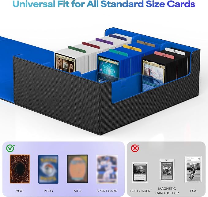 UAONO Trading Card Storage Box, Holds 1800 Sleeved Cards with 10 Dividers & 3 Stoppers, Magnetic Closure PU Leather Card Case for MTG, PTCG, YGO, Sports Cards (Black&Blue)
