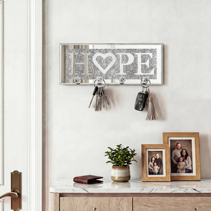 SHYFOY Crystal Clear Hooks Key Holder Key Hanger, Sparkly Mirrored Home Letters Plaque Sign for Decor, Silver Mirror Decoration Wall Art for Entryway Hallway Living Room, Hope Letter