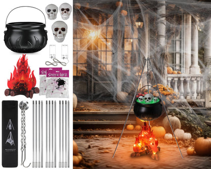WinnerWhy 11 Pcs Large Witches Cauldron Halloween Decor Set Cauldron on Tripod with Spider Webs Fake Fire String Lights Skulls for Halloween Indoor and Outdoor Party Supplies