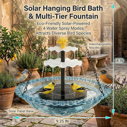 Solar Cascade Hanging Bird Bath Fountain, Solar Fountain Pump with 8 Nozzles, Hanging Bird Bath with Water for Outdoors Garden Patio Backyard Lawn Decor (Gray)