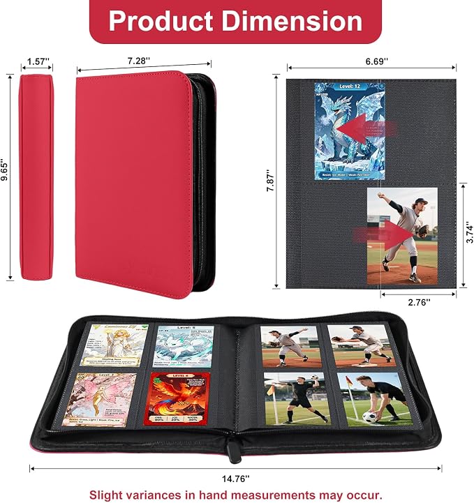 BYSTER 4 Pocket Card Binder, Premium PU Trading Card Binder with Zipper, 160 Capacity Side-Loading Binder for TCG, MTG, Sports Cards, Game Cards, Red