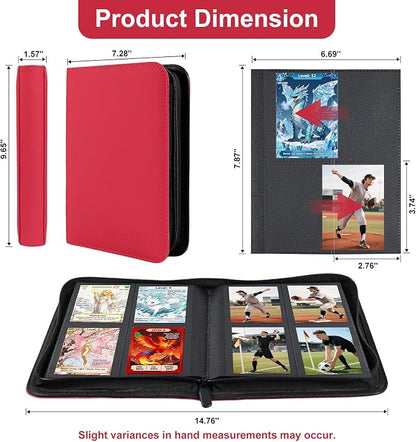 BYSTER 4 Pocket Card Binder, Premium PU Trading Card Binder with Zipper, 160 Capacity Side-Loading Binder for TCG, MTG, Sports Cards, Game Cards, Red