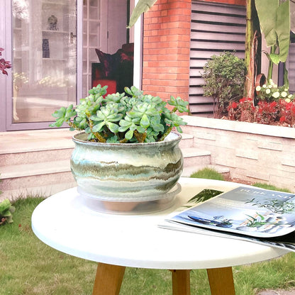 Summer Impressions 8 Inch Succulent Pot with Drainage and Saucer Glazed Terracotta Round Ceramic Succulent Planter Cactus Bonsai Plant Pot (Gream)