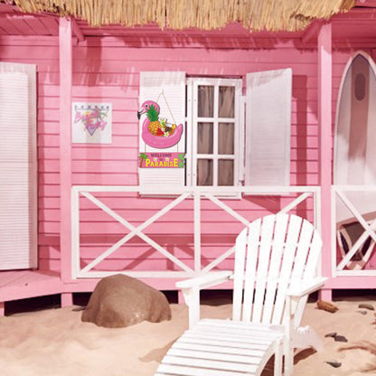 HOURIA Welcome to Paradise Door Sign(16”*11.4”), Pink Flamingo Hawaiian Summer Beach Wall Hanging Sign, Summer Coastal Tropical Fruit Coconut Tree Door Decor for Front Door Porch Pool Yard Beach Bar