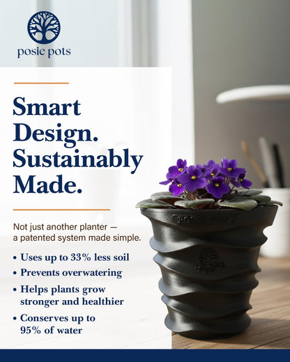 Posie Pot Medium Wave Self Watering Planter for Indoor Plants - 5x5 Inch Patented Pot with 10X Water Reservoir - Modern 3D Printed Desk Planter - Root Rot Free - Eco Friendly, Made in USA, Black
