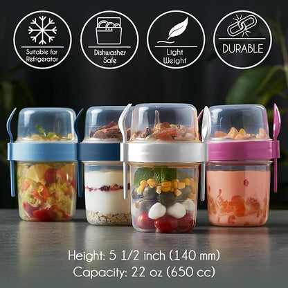Crystalia 4 Pack 22 oz On The Go Yogurt Parfait Cups with Lids & Spoons - Overnight Oats Containers, Take and Go Reusable Cup with Topping Cereal or Oatmeal Container, Colorful