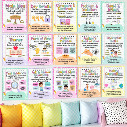 Ctosree 15 Pcs Reading Comprehension Posters for Classroom 14 x 10'' Reading Bulletin Board Classroom Posters Elementary Educational Wall Decor for Hallways Library Middle High School Teacher Supplies