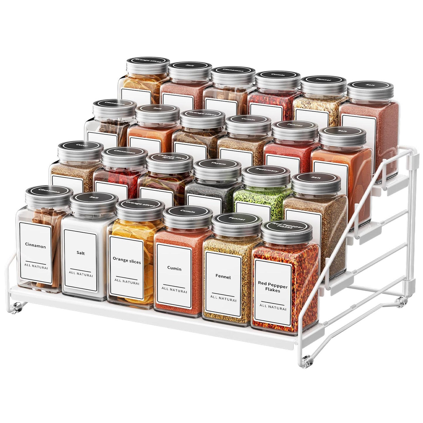 BOIVSHI Tiered Spice Rack, 4 Tier Spice Shelf Organizer for Cabinet, Spice Rack Organizer, Depth Adjustable Seasoning Rack Organizer for Cabinet, Countertop, Pantry, Metal, White (1 Pack)