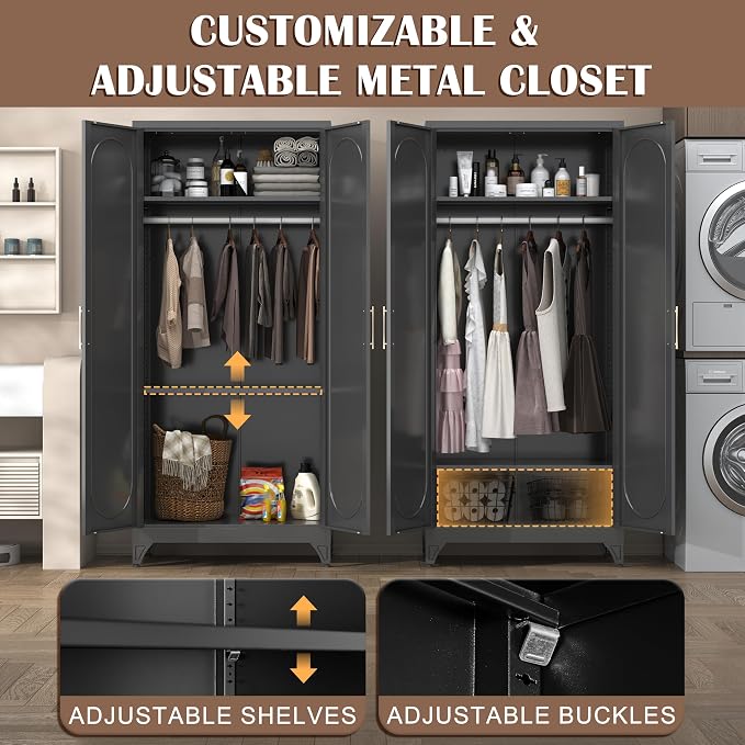 SteeLoong 71" Metal Armoire Wardrobe Closet with Doors,Tall Clothing Storage Cabinet with Adjustable Shelves and Hanging Rod,Black Wardrobe Closet for Bedroom,Home,Office,Gym