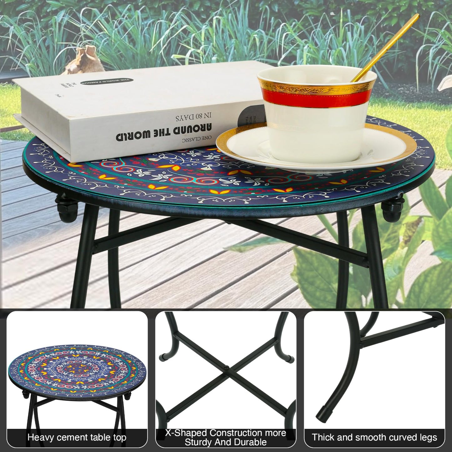 Weogot Outdoor Metal Side Tables, Round Patio Side Table, Weather Resistant Metal End Table Side Table for Patio Yard Porch Balcony Garden Bedside, Plant Stand for Indoor, Easy Assemble