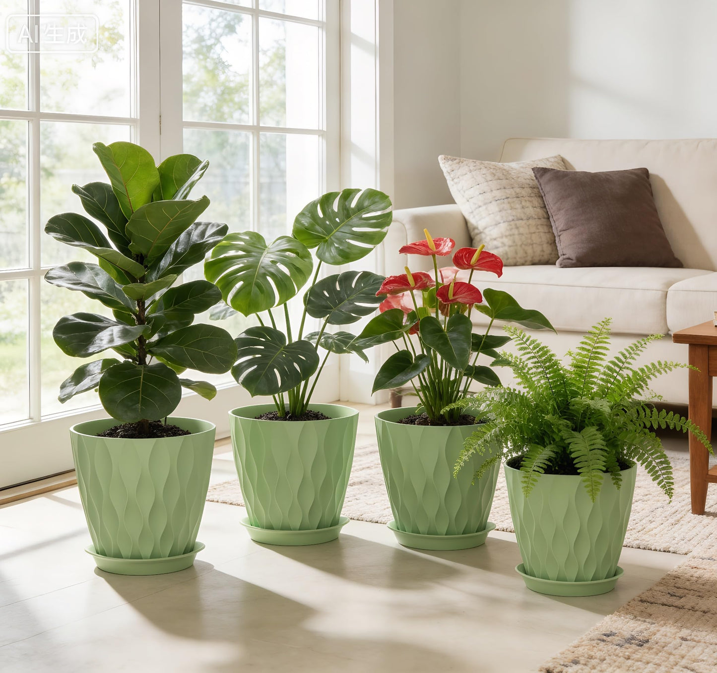 UOUZ 8 Inch Plant Pots, 4 Pack Plastic Planters for Indoor Outdoor with Drainage Holes & Saucers, Waffle Texture Flower Pots for Indoor Plants, Indoor Plant Pots for Monstera, Fiddle Leaf Fig, Green