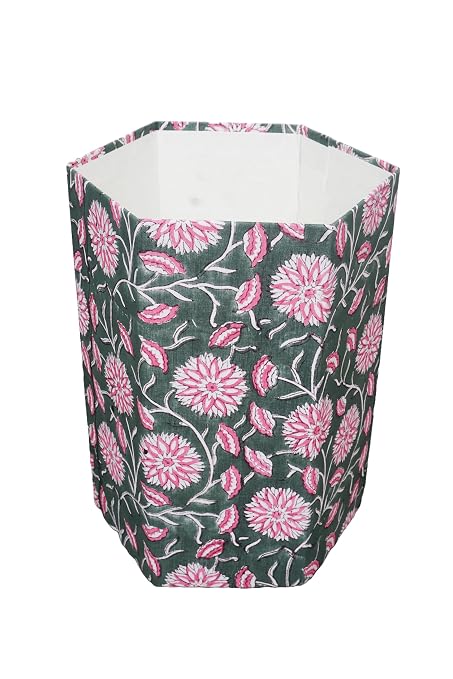 Generic 3.3 Gallon Cotton Hand Block Printed Paper Waste Basket |Small Decorative Trash Can for Housewarming Gifts in Living Room, Bedroom, Bathroom | Eco-Friendly, Plastic-Free (1, LIGHT PINK GREEN)