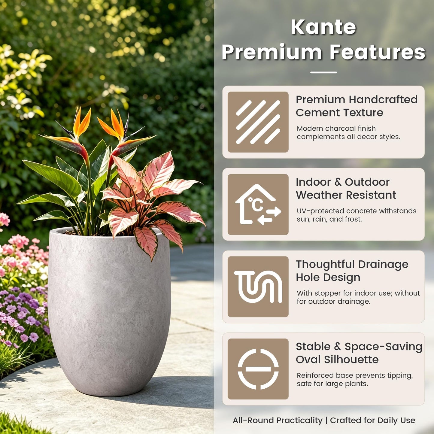Kante 21.7" Tall Concrete Planter, Light Gray Large Plant Pot with Drainage Hole & Rubber Plug – Lightweight Weathered Cement Container for Indoor Outdoor, Home Patio Garden