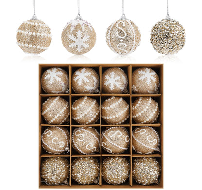 16 Pcs Champagne Christmas Ornaments, Shatterproof Christmas Tree Balls with Pearl Sequin, Hanging Xmas Balls Ornaments Set for Holiday Party Wedding Decorations (2.4"/60mm)