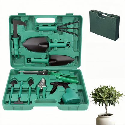 10-Piece Garden Tools Set - Heavy Duty Hand Gardening Kit: Shovel, Pruners, Trowel, Rake for Plant Care, Bonsai Trimming, Weeding & Yard Work (Green)