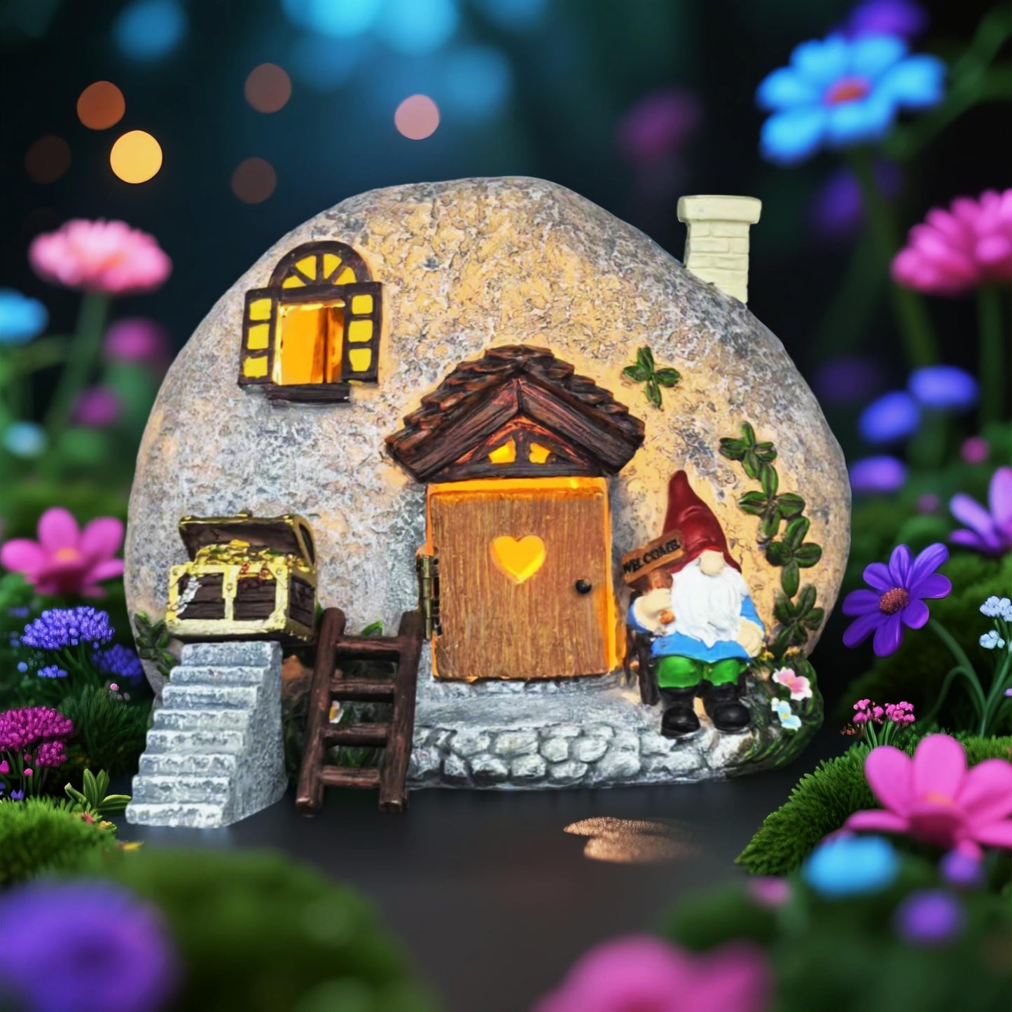 QCF Fairy Garden Accessories Gnome House 4 Pcs Kit, Solar Statues with Openable Door for Yard Lawn Patio, Resin Stone Houses, Treasure chest, staircase, ladder Figurines, Birthday Gifts Idea for Women